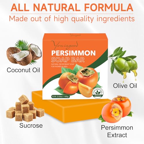 yoniagood 3 PCS Persimmon Soap Bar for Body Odor Control, Natural Deodorant Body Bar Soap for Old People Smell, Remove Strong Smell, Organic Eliminating Odor Wash Soap for Women & Men