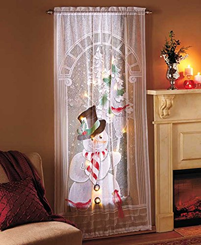 Decorative Led Lighted Christmas Snowman Lace Window Sheer Curtain