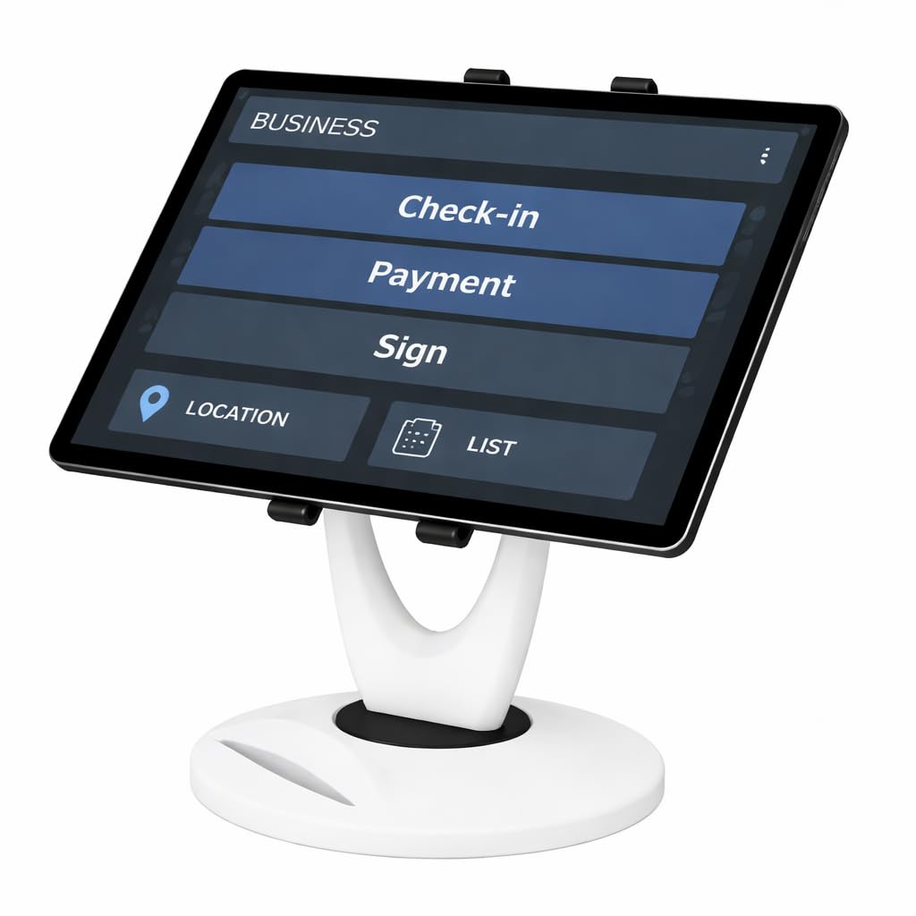 Business Retail Tablet Stand, 360 Rotates iPad Stand for 6 inch to 13 inch Tablets, Swivel Tablet Holder w Pen Storage and Phone stand for Store Office Showcase Reception Kitchen Desktop, White