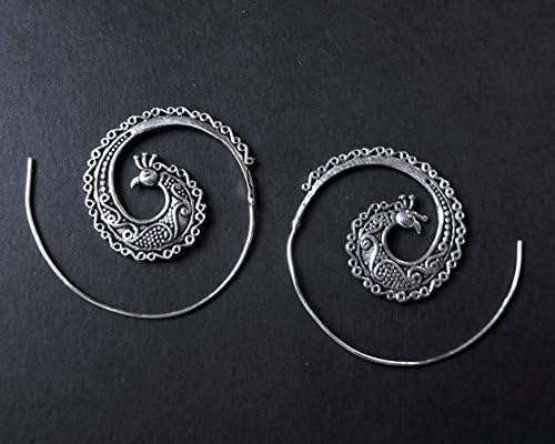 Silver Peacock Earrings- Gypsy Spiral earrings- Ethnic earrings-Festival earrings- Tribal earrings- Tribal jewellery I10