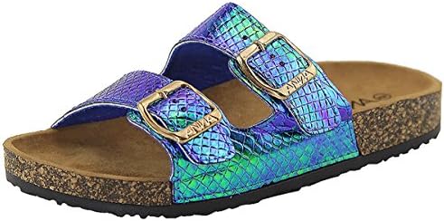ANNA Aun Women Hologram Unicorn Mermaid Double Straps Open Toe Cork Sandals Slides, Blue 9 B(M) US