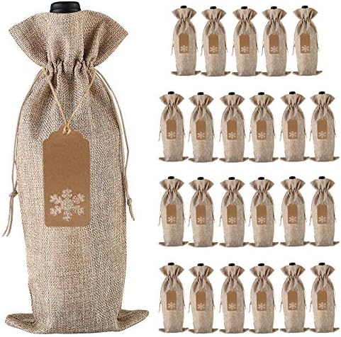Burlap Wine Gift Bags, 24 Pcs Jute Drawstring Wine Bottle Covers with Tags and Ropes for Christmas Wedding, Travel, Birthday