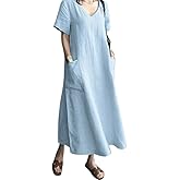 AUDATE Women's Maxi Dress Solid Plus Size Loose Cotton Linen Long Dresses with Pockets
