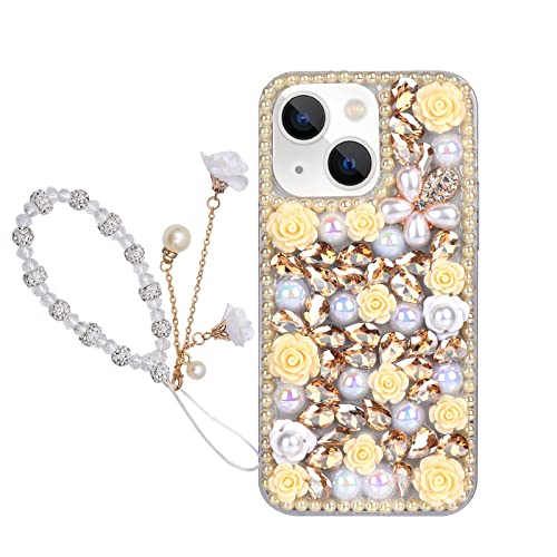 Omorro for iPhone 14 Bling Case with Strap, Luxury Glitter Rhinestone Diamond Crystal Sparkle Rose Flower Pearl Floral Bracelets Soft Bumper Protective Case Cover for Women Girls Yellow