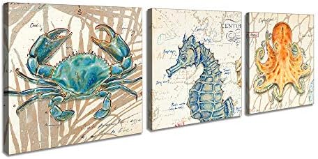 FC1133 Home Wall Art Decor Sea Animal Crab Seahorse and Octopus Pictures Canvas Prints Framed and Stretched Ready to Hang for Home Office Bedroom Living Room Bathroom Wall Decor