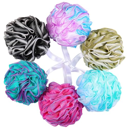 BTYMS 75g/Pc Large Loofahs Shower Sponge, Exfoliating Body Scrubber Shower Scrunchies Mesh Pouf Bath Sponges - Pack of 6