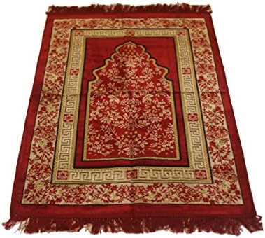 Luxurious Velvet Flower Pattern Islamic Prayer Rug Janamaz Sajjadah Turkish Prayer Rug (Red)