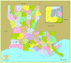 Amazon.com : Louisiana County with Zip Code Map (48" W x 42" H