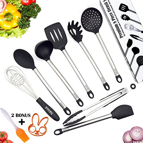 Kitchen Utensil Set With 8 Cooking Tools And 2 Gifts - High Heat Resistant BPA Free Silicone And Heavy Duty Stainless Steel - Dishwasher Safe Premium Utensils Kit