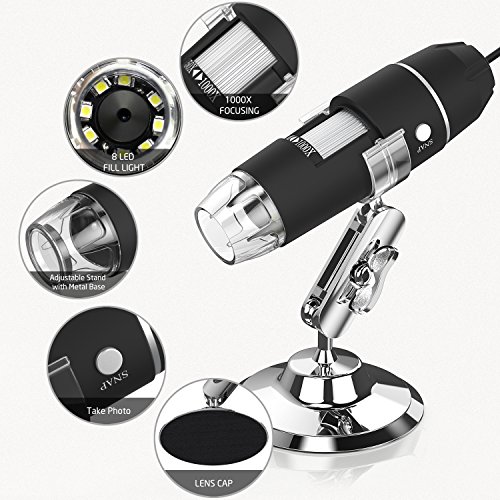 USB Microscope, Splaks 1000x High Power 3 in 1 PCB Microscope Camera USB Digital Microscope with Microscope Stand and 8 Led Lights for Kids Compatible with Windows, Mac and Android