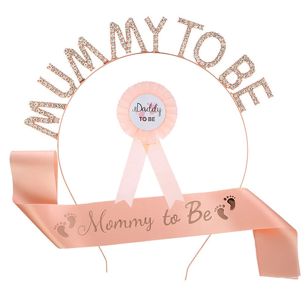 Camelliass Mummy To Be Sash and Tiara, Daddy to Be Badge, Rhinestone Mummy To Be Crown Headband Satin Sash for Baby Shower Party Decoration Gifts (Rose Gold)