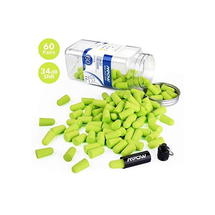 Mpow 055A Ear Plugs 60 Pairs, Super Soft Foam Ear Plugs 34dB SNR, Noise Reduction Hearing Protector, with Aluminum Carry…