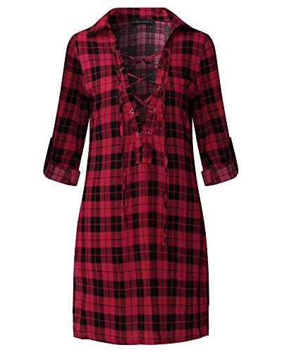 Auxo Damen Karierte Kleider V-Ausschnitt Langarm Minikleid Oversize Bluse Tops Hemd – Bild 3