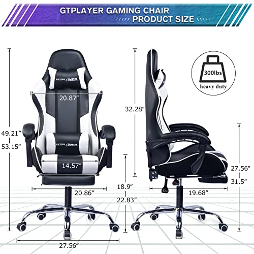 GTPLAYER Gaming Chair, Computer with Footrest and Lumbar Support Height Adjustable with 360°-Swivel Seat and Headrest for Office or Gaming (White)