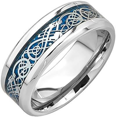 MRing 8mm White Titanium Blue Bottom Silver Dragon Celtic Pattern Ring Beveled Edges Celtic Rings Jewelry Wedding Band For Men (10)