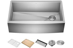 KRAUS Kore 33-Inch Farmhouse Workstation 16 Gauge Single Bowl Stainless Steel Kitchen Sink with Accessories, KWF210-33
