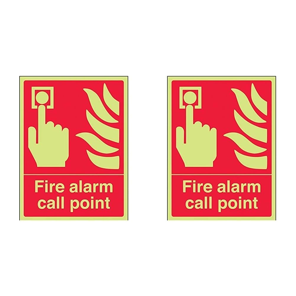 VSafety 13001AN-G"Fire Alarm Call Point" Equipment Sign, Glow In Dark, 1 mm Plastic, Portrait, 150 mm x 200 mm, Red (Pack of 2)