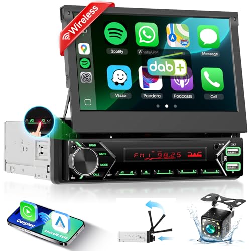 Podofo DAB+ 1 DIN Bluetooth Car Radio with CarPlay & Android Car Wireless with Motorized Retractable Screen 7 Inch Touchscreen, Mirror Link FM USB Type-C AUX Microphone Backup Camera