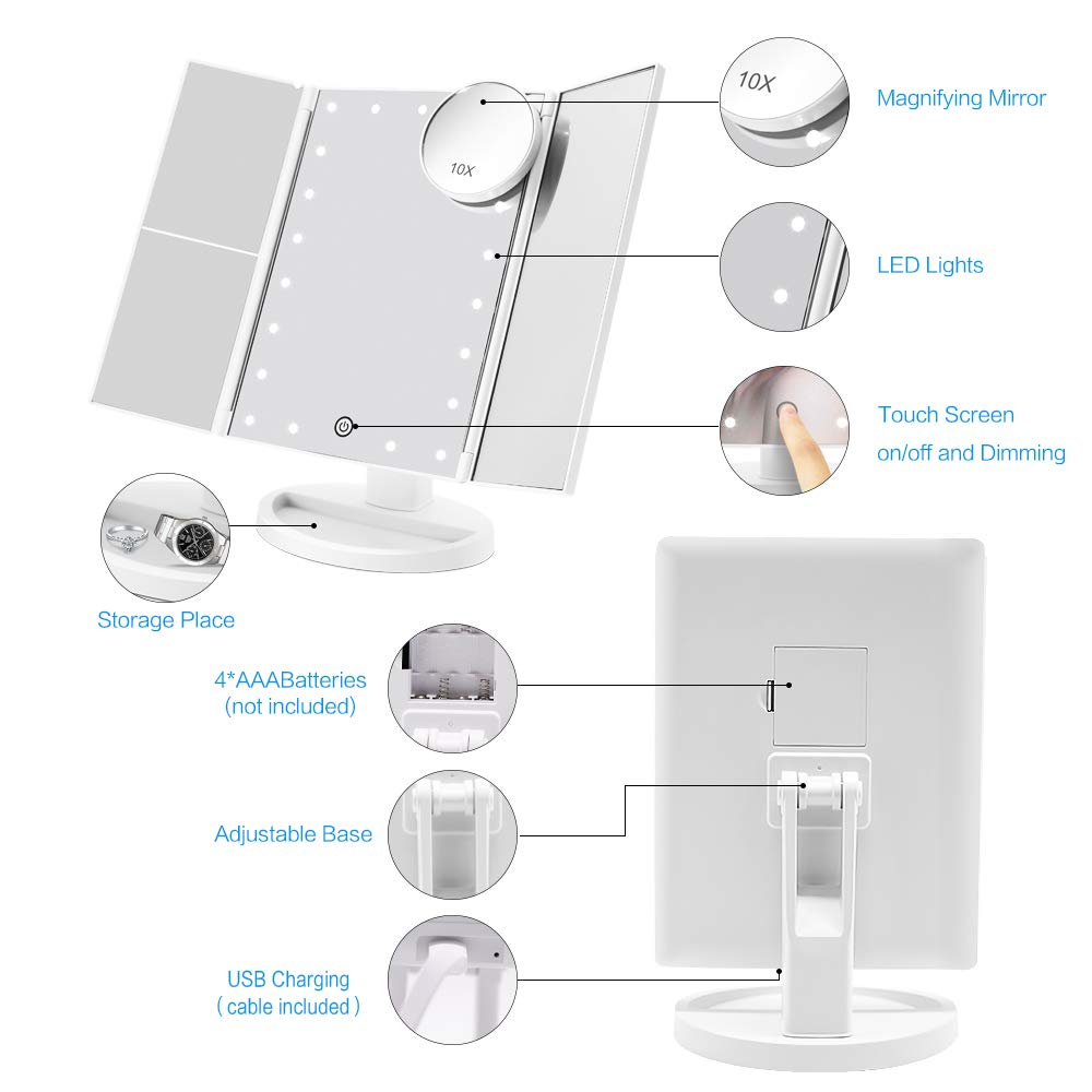 FASCINATE Lighted Makeup Mirror with 21 LED Lights Touch Screen Dimming, Tri-Fold 3X/2X/1X Magnification 180 Degree Rotation Vanity Mirror (White)