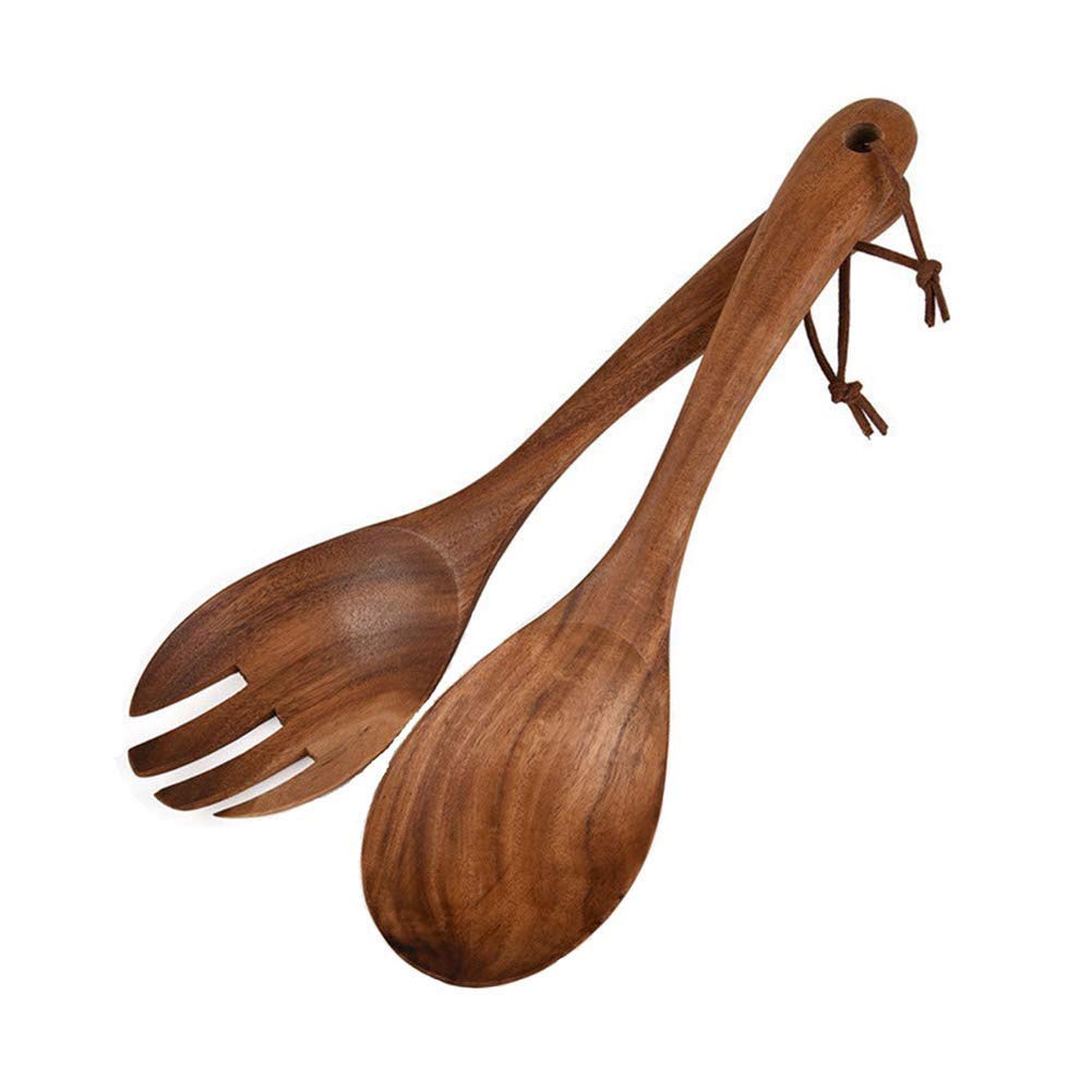 Wood Salad Servers Set, 2 Piece Spoon and Fork, 26.8 x 6.5cm, for Mixing and Serving, Indoor Outdoor Picnic Kitchen