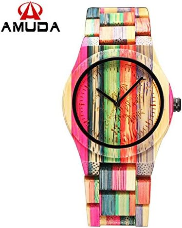 AMUDA Bamboo Wood Watch Colorful Women Quartz Watches Wooden Wristwatches
