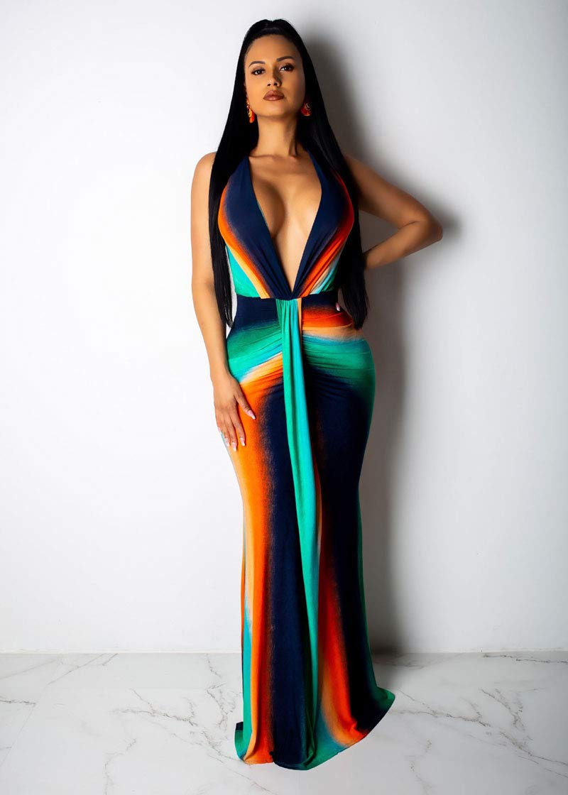 Ophestin Women\'s Long Elegant Party Dresses Sexy Deep V-Neck Maxi Dress