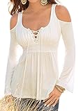 Thanth Women's Sexy Casual Long Sleeve Off Shoulder Lace Up T-Shirt Blouse Tops