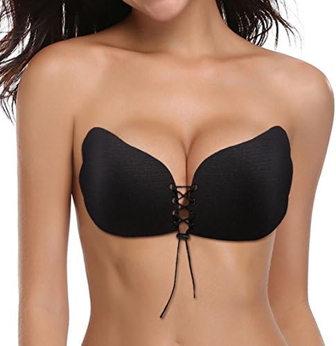 Push Up Bra, Woman Ladies Sexy Reusable Invisible Strapless Adhesive Stick On Backless Silicone Bras,B-Cup(Black)