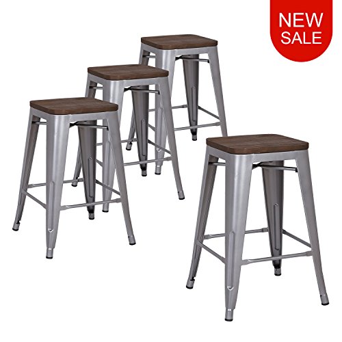 LCH 24″ Metal Industrial Counter Height Bar Stools, Set of 4 Backless Indoor-Outdoor Stack ...