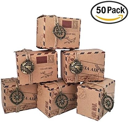 VNFEI Vintage DIY Airmail Kraft Paper Favor Candy Box Travel Packaging Box Wedding Party Supplies (MIX Compass &amp; Globe 50pcs)