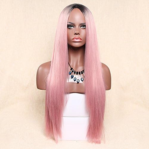 Aoert Ombre Long Straight Wig for Women Heat Resistant Synthetic Wig Cosplay Hair Replacement Wigs for Party, Prom 26" Full Middle Part Wig Black Root (Pink)