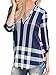 Elevesee Women's Casual 2/3 Sleeve V-Neck Plaid Shirts Pullover Top Blue Medium