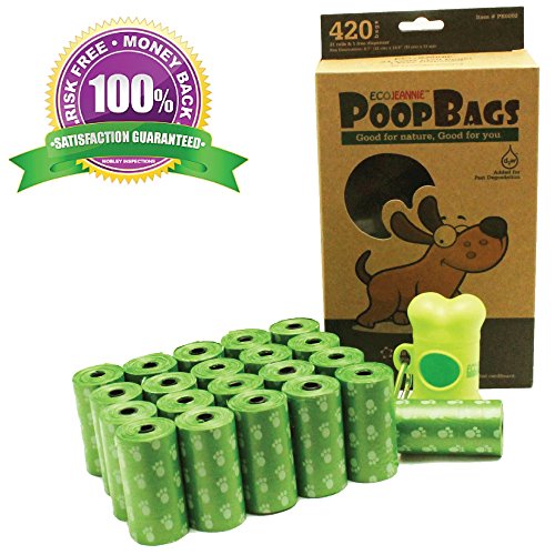 EcoJeannie 420-Count Dog Poop Bags w/ Dispenser (PB0002) , Dog Waste Bags, Lavender Scented, 21 Refill Rolls + Dispenser with Stainlee Steel Carabiner Clip. Your Satisfaction is Guaranteed with Monay Back Promise