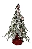 Small Snowy Tabletop Christmas Tree in Red Gift Bag with Pinecones