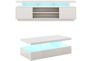 ChooChoo 2-Piece Modern Living Room Table Set - Includes High Glossy Entertainment Center, TV Stand for up to 65 Inch TV & Coffee Table with Storage for Living Room, Bedroom, White