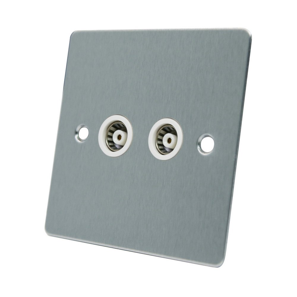 AET FSC2GTVWH Satin Chrome Flat 2 Gang TV White Insert-2-Gang Aerial Coaxial Female Socket, 240 V