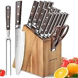Knife Set, 16-Piece Kitchen Knife Set with Carving Fork, Precious Wengewood Handle for Chef Knife Set with Block, German Stainless Steel, Emojoy