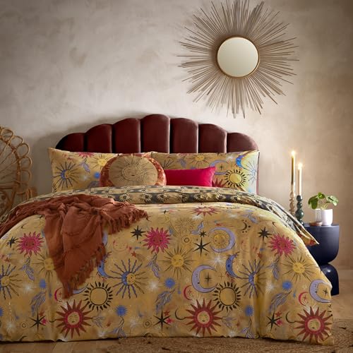 furn. Ethereal Star Dekbedovertrek Set - Omkeerbare Star Print Dekbedovertrek Set met Zonnemotief (Goud Stof Geel - Super King)