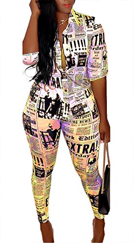 Womens Sexy Deep V Neck Half Sleeve Button Down Letter Print Shirt Tops + High Waist Bodycon Long Pants 2 Piece Jumpsuit