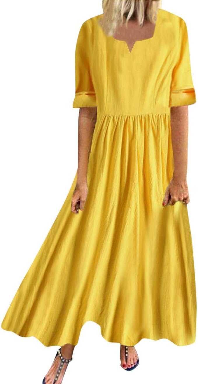 VOWUA Dress for Women Vintage Linen Long SleeveDress Loose Aline Party