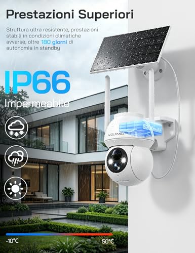 WOLFANG Solar Security Camera 1080P Outdoor WiFi PTZ Camera 360° (2.4G Only), PIR Motion Detection, Color Night Vision, Two-Way Audio, IP65, Works with Alexa