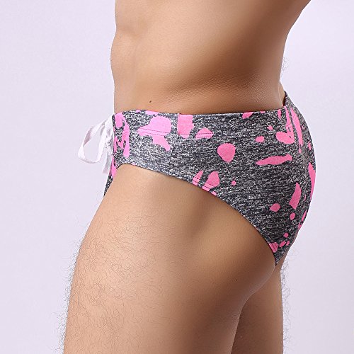 Mens Swimwear Camo Bikini Swimsuit Swim Briefs Truncks Drawstring Triangle Shorts Swimming Thong Bathing Suit (Pink, S)