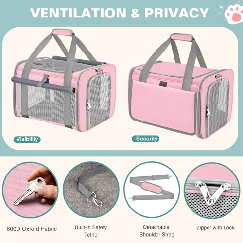 BTNEEU Foldable Cat Carrier Carrier Small Dog Carrier Airline Approved Breathable Carrier Bag with Inner Strap, Washable Soft Cushion and Adjustable Shoulder Strap (Pink)