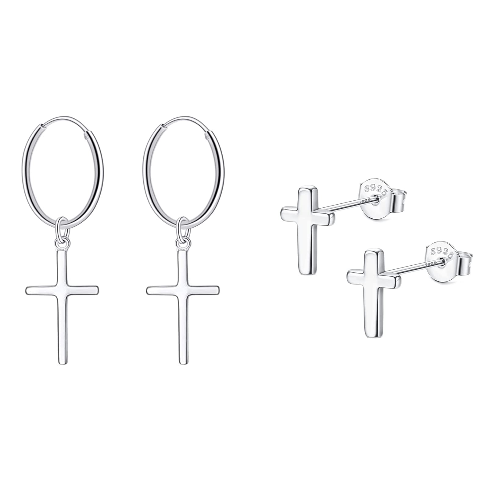 Bo Win 2 Pairs 925 Sterling Silver Earrings Cross Stud Earrings Silver Cross Hoop Earrings Women Men Silver Studs Hoops Dangle Drop Earrings Sleeper Earrings for Women Men Girls