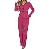 XINGJIAARTS Cute Pajama Set For Women 2 Piece Lounge Sets Ribbed Long Sleeve Button Up Top Matching Pants Sleepwear PJ Suit