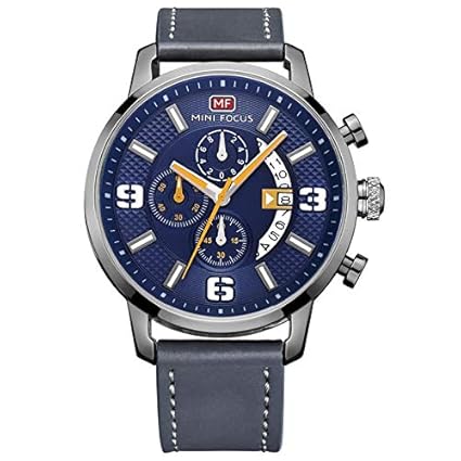 Mini Focus Fashion Men Watch Casual Quartz Watch, Chronograph Calendar Waterproof Genunie Leather Watch MF0025G.05