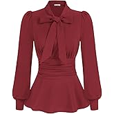 GRACE KARIN Women's 2025 Long Sleeve Peplum Dressy Shirt Office Bow Tie Work Blouses Tops Smocked Waist