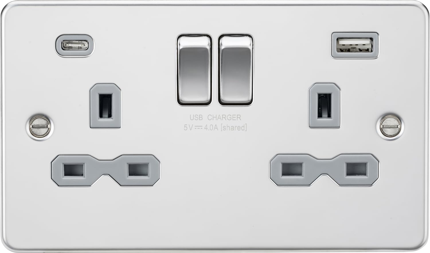 13A 2G SP Switched Socket with Dual USB A+C (5V DC 4.0A shared) - Polished Chrome with Grey Insert