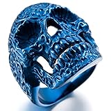 INBLUE Men's Stainless Steel Ring Blue Skull Flower Size14
