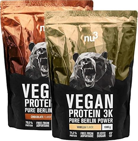 nu3 Proteína Vegana 3K – 1kg vainilla + 1kg chocolate – min. 70% de
